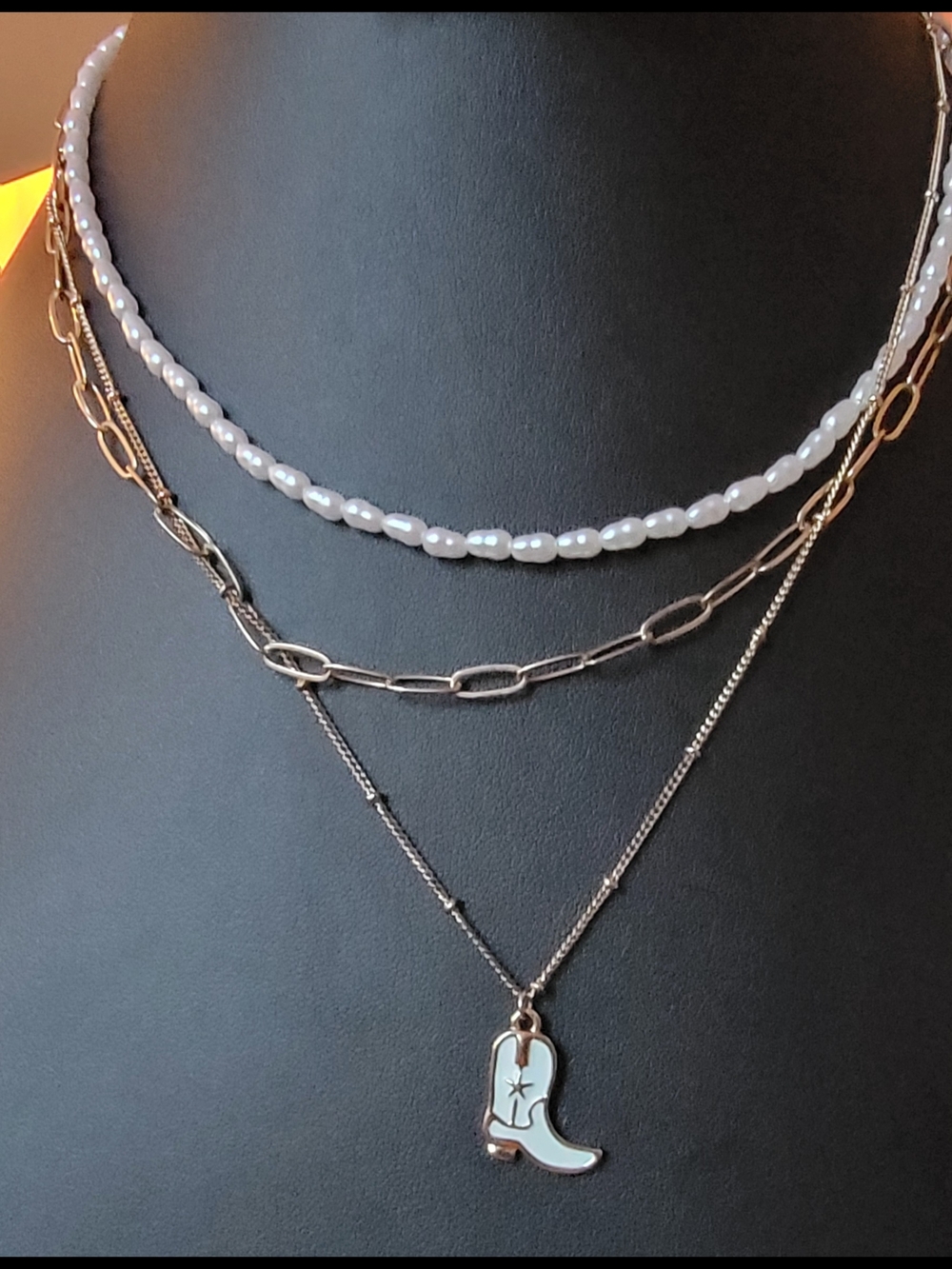Layered White Pearl and Goldtone Cowboy Boot Pendant Necklace Set